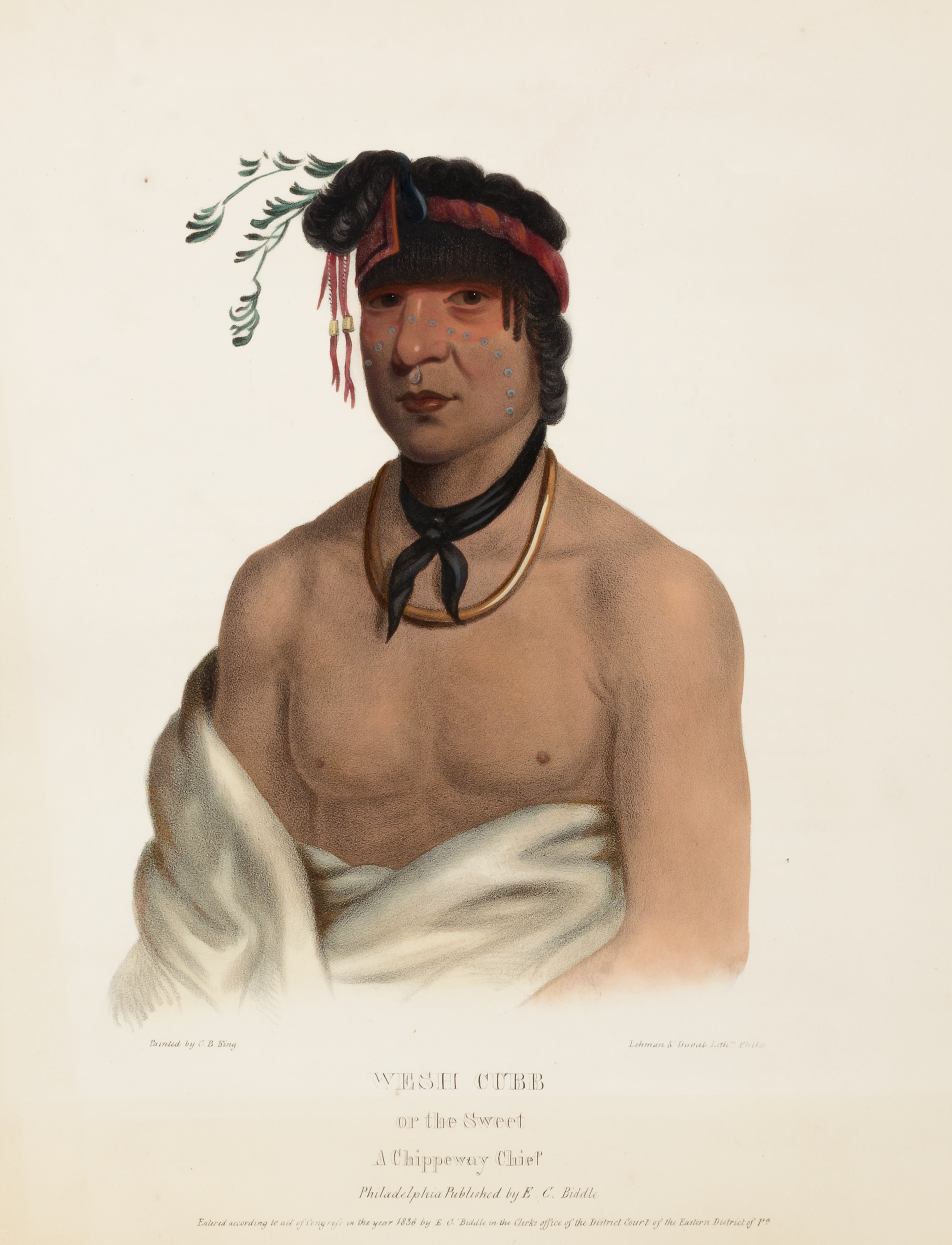 A portrait of Ozaawindib in traditional Ojibwe clothing, shown from the waist up. Her long dark hair frames her face, and she wears layered garments with earth-toned patterns. The background is softly painted, evoking forested landscape. Her expression is calm, steady, and self-assured.